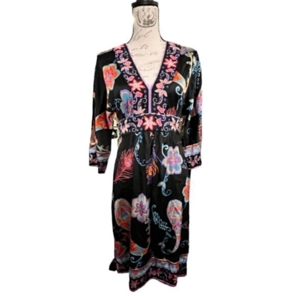 Trina Turk SILK Tunic Dress Black‎ Size 4 Floral NWOT MSRP 360 COTTAGECORE Boho - Picture 1 of 16
